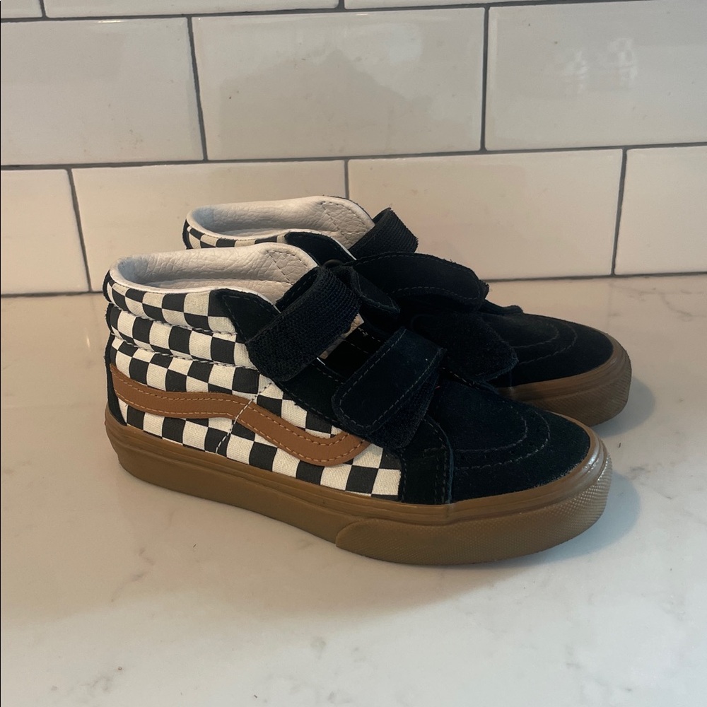 Vans Kids Checkerboard Black White Tan Velcro High-Top Sneakers